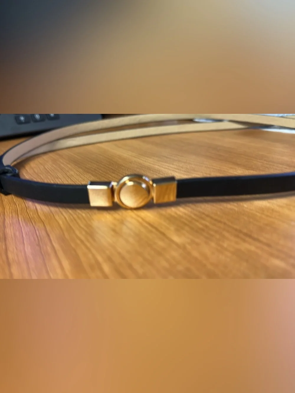 Women's Black Adjustable Skinny Belt with Gold-Tone Circular Interlocking Buckle